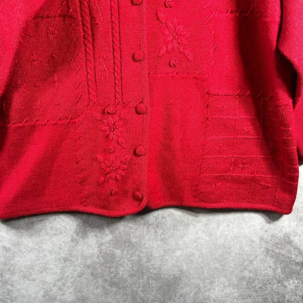 Koret Cardigan Sweater Womens Size 1X Red Knit Wool Button Front Artsy Old Money